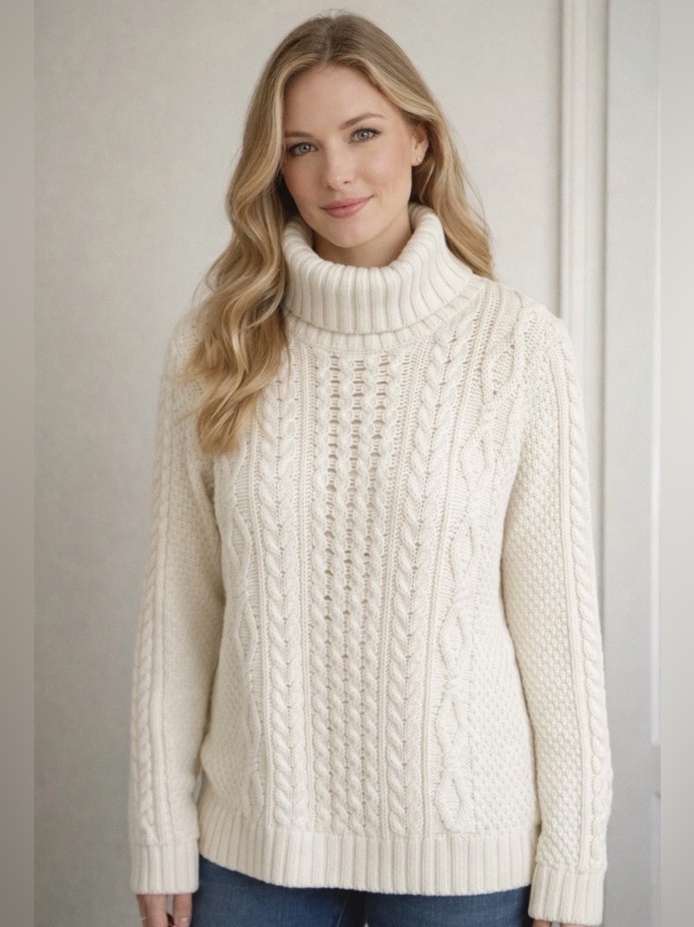 Banana Republic XL Cable Knit Turtleneck Sweater Cream Cotton Cashmere